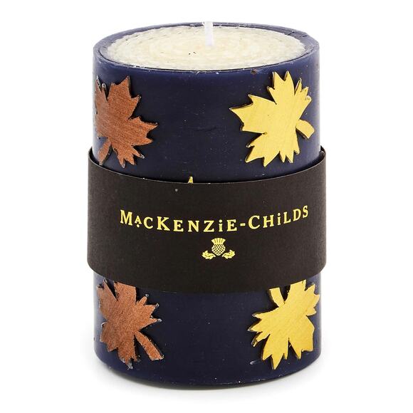 MACKENZIE-CHILDS Maple Leaf Navy 4″ Pillar Candle NEW - Picture 1 of 2